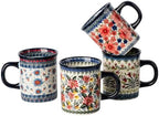 Ceramic Latte Mug Set of 4, 15.5oz Hand Painted Porcelain Coffee Cups With Handle for Tea/Milk/Cocoa - Modern Retro Design For Any Kitchen. Microwave and Dishwash Safe (Assorted Colors) by ONECCI
