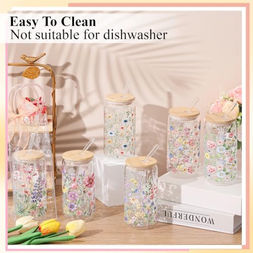 Mumufy 6 Sets Fresh Wildflower Glass Cups with Lids Straws Bulk Gift, 16 oz - Image 4