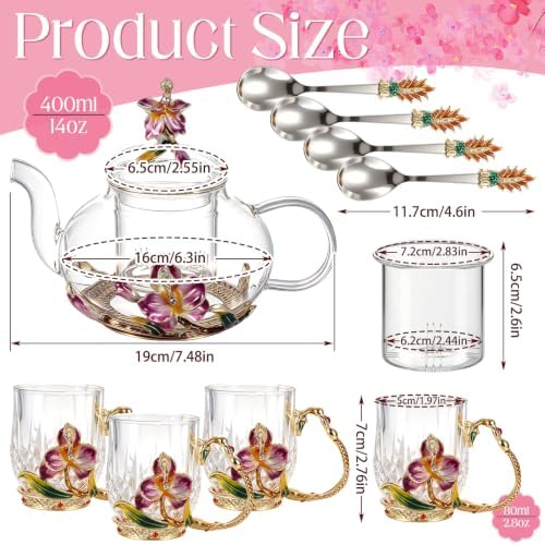 Maxdot 5 Pcs Floral Glass Tea Set, 14 oz Moth Orchid Teapot with Infuser - Image 2