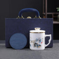 Dehua Porcelain Tea Mug with Lid and Infuser, 380ml Office Cup, Chinese Landscape Pattern, Gold Accents, Leather Coaster, Gift Box Set (Riding the Wave Style B) by Weixiyang