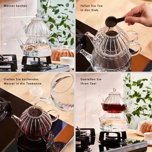 Karaca Lori Glass Teapot with Infuser - Turkish Transparent Tea Pot Tea Maker for Loose Leaf, Herbal Tea for 9 Cups - Tea Kettle (1.2L) & Teapot-Lid with Removable Strainer (0.6L) - Image 4