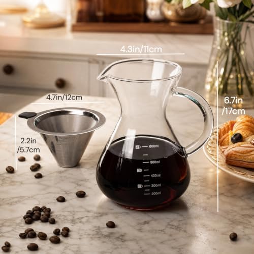 Pour Over Coffee Maker Set with Reusable Stainless Filter 20 fl oz, Heat-Resistant Borosilicate Glass Paperless Pour Over Coffee Dripper with coaster for Home Daily Coffee - Image 3