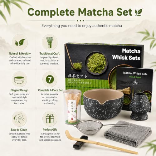 7PCS Matcha Set, Matcha Making Kit Includes Matcha Whisk and Bowl, Tea Lid, Scoop, Strainer and Match Whisk Holder, Tea Towel, Matcha Whisk Set for Matcha Lovers (Black) - Image 3