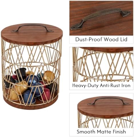 Gold Coffee Pod Holder Geometric V-Shape Wire Storage Basket with Wood Lid - Image 4
