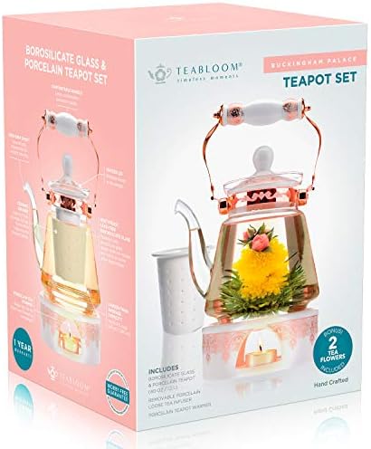 Teabloom Buckingham Palace Teapot & Flowering Tea Gift Set (6 Pieces) - Stovetop Safe Glass Teapot (40 OZ / 1.2 L / 4-5 CUPS), Porcelain Lid, Tea Warmer, Loose Tea Infuser, 2 Gourmet Rose Tea Flowers - Image 5