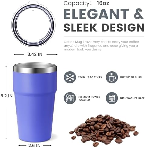 MEWAY 16oz Tumbler Double Wall Vacuum Insulated Travel Mug Bulk, Stainless Steel Tumblers with Lid, Powder Coated Coffee Cups for Cold & Hot Drinks (Purple,12 Pack) - Image 2