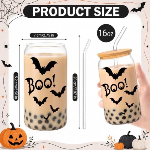 Halloween Glass Cups with Lids and Straws, 6 Pack, 16oz, Black - Image 2
