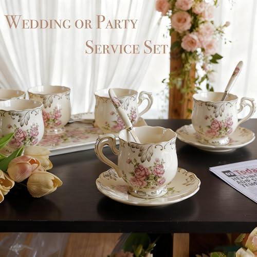 Ceramic Cup Set of 6 with 6 Spoons and a Tray, 350ml Capacity, Cup Set with Stand for Tea Party or Wedding, White Rose - Image 4