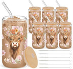 6 Set 16oz Christmas Glass Cups with Lid and Straw, Highland Cow by Yetene