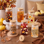 Fall Glass Cups with Lids and Straws, 6 Pack, 16oz, Hello Pumpkin - Image 5