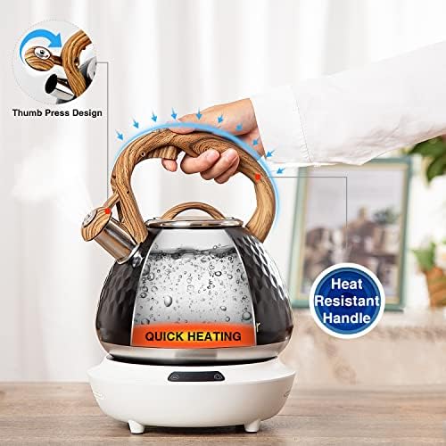 Tea Kettle, Toptier Teapot Whistling Kettle with Wood Pattern Handle Loud Whistle, Food Grade Stainless Steel Tea Pot for Stovetops Induction Diamond Design Water Kettle, 2.7-Quart Black - Image 3