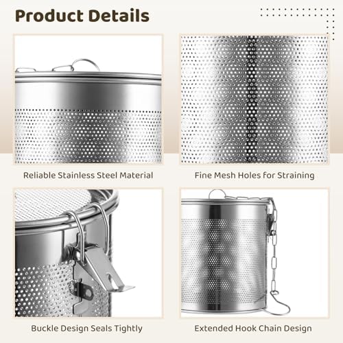 Stainless Steel Infuser Basket, 6.3 in Seasoning Strainer with Locking Lid & Hook Chain, Mesh Filter for Brewing & Cooking, Large Tea Strainer - Image 4