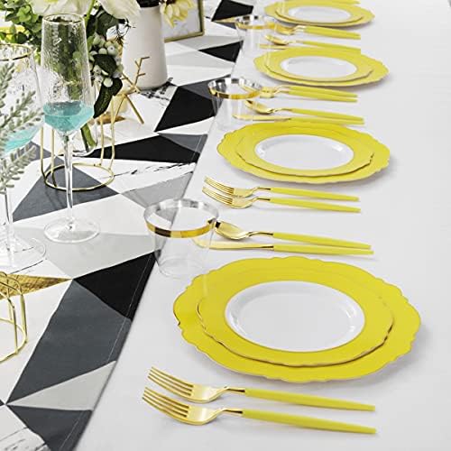 WDF 150pieces Yellow Disposable Dinnerware Hign-end Baroque Design - Sturdy&Durable Baroque Yellow Sunshine&Gold Plastic Dinnerware for Upscale Wedding & Thanksgiving Parties (Pack of 2) - Image 5