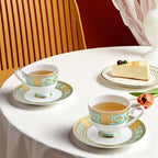 Luxury White & Gold Embossed Tea Cups and Saucers with Teapot, Sugar Bowl, & &Creamer, Vintage European Porcelain Coffee Set for Tea Party, Wedding, Gift (Teal, 4pcs/set) - Image 2