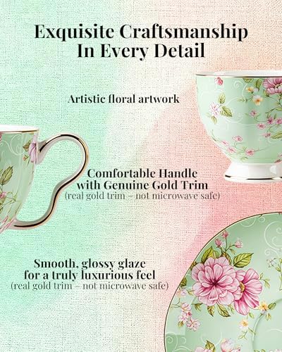 7.5oz Bone China Tea Cup and Saucer Set, Tranquil Green - Image 5
