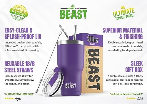 Beast 30 oz Tumbler Stainless Steel Vacuum Insulated Coffee Ice Cup Double Wall Travel Flask (Purple) - Image 2
