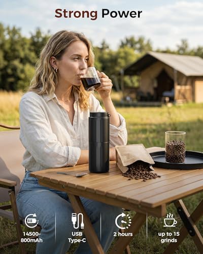 Electactic Portable Coffee Grinder Electric - Grind While Charging Electric Grinder & Insulated Mug and Pour Over for Travel, Cordless/Rechargeable Coffee Bean Grinders for Travel,Camping-Deep Black - Image 3