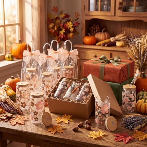 Mumufy 8 Sets Boho Daisy Cute Glass Cups Bulk with Lids and Straws 16 oz - Image 4
