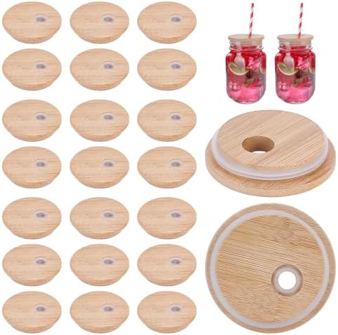 60 Pcs 2.76Inch Bamboo Jar Lids with Straw Hole for Glass Cups, Bamboo Canning Jar Storage Lids with Silicone Ring Glass Cup Covers for Regular Mouth Drinking Jars by INTERWARM