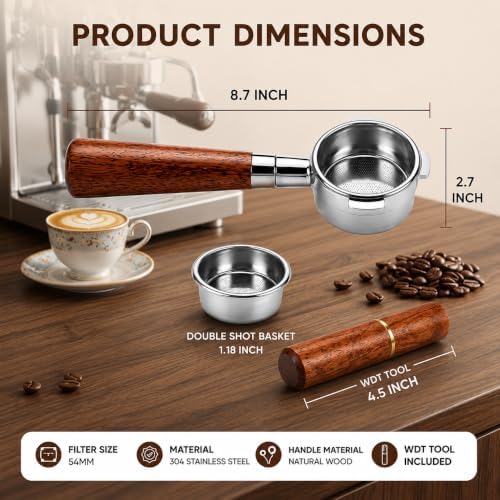 54mm Bottomless Portafilter for Breville Barista Express, Pro, Touch, Bambino Plus & Infuser (3-Ear Design) – Naked Espresso Portafilter with 18g Basket, WDT Tool, Puck Screen & Rosewood Handle - Image 2