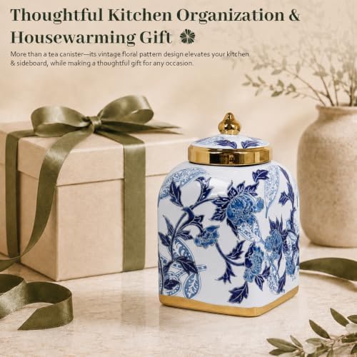 Blue and White Ceramic Tea Canister with Airtight Lid, 10" H Kitchen Decor Jar for Loose Leaf Tea & Coffee Bean Storage, Chinoiserie Decor Ginger Jars for Home Decor, 121 fl oz - Blue Peony - Image 5