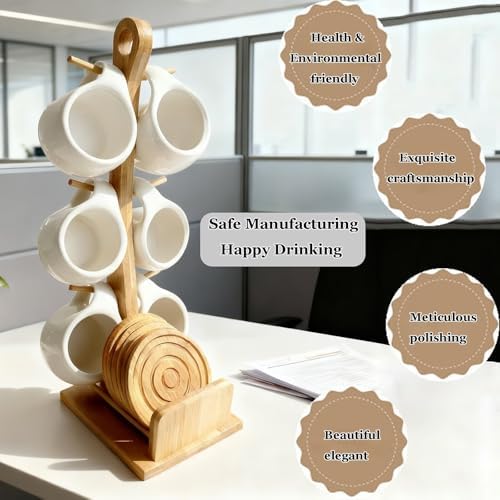 Bamboo Coffee Mug Holder Tree, Ceramic Coffee Cup Shelf Set 6 Piece Creative Cup Stand and Saucer Combination Coffee Mugs Kitchen Shelf Set (5x6.1x14.8) - Image 4