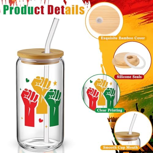 6 Pcs Juneteenth Glass Cups Celebrate Freedom Party Favors Gifts Tumbler with Lids and Straws Bulk 16 oz Reusable Can Shaped Drinking Glasses for Juneteenth Party Supplies - Image 3