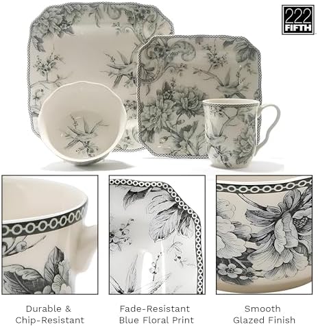 222 Fifth Adelaide Grey 16-Piece Floral Porcelain Dinnerware Set | Microwave and Dishwasher Safe Dining Set for 4 | Stackable and Chip-Resistant Plates Bowls and Cups | Gift for Housewarming & Wedding - Image 5
