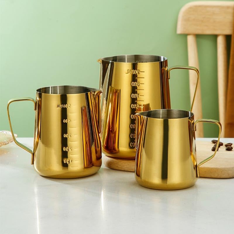900ML Stainless Steel Pitcher Coffee Frothing Jug Pull Flower Cup Cappuccino Milk Pot Espresso Cup Latte Art Milk Frother Jugs(Gold No Scale,900ML) - Image 3