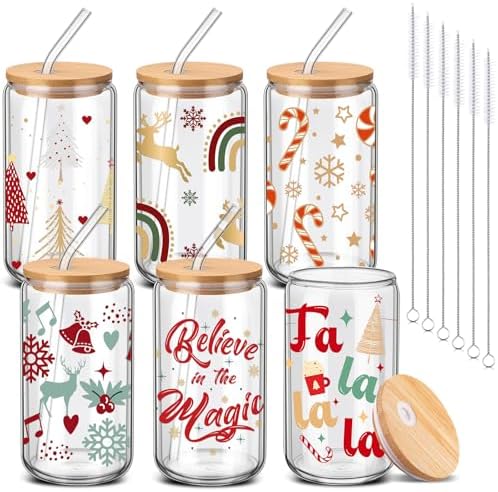 SiliFine 6 Pcs Christmas Glass Cups, 16 oz with Lids and Straws by SiliFine
