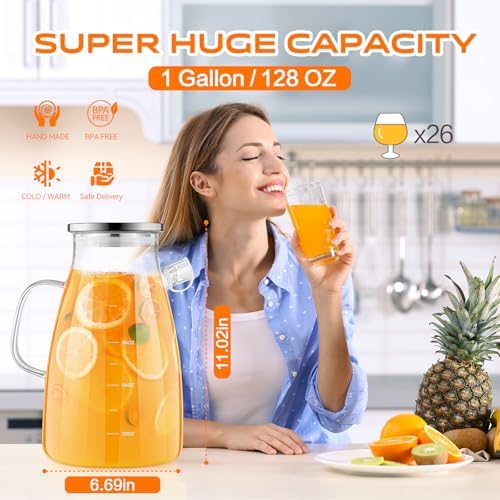 1 Gallon 128oz Glass Pitcher,Water Pitcher with Full Seal Lid and Spout, Glass Carafe for Hot/Cold Drink, Water Jug for Iced Tea, Coffee, Juice, Milk, Beverage - Image 3