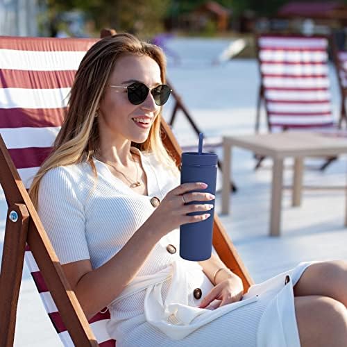 Volhoply 20oz Tumbler with Lid and Straw 8 Pack,Double Wall Plastic Skinny Tumblers Bulk,Reusable Travel Cute Coffee Mug,BPA Free Matte Acrylic Water Cups With Straw for Party,DIY Gifts(Navy, 8 Set) - Image 6