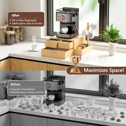 Coffee Pod Drawer, Wooden K Cup Holder with Tree Shape Mug Holder and Side Storage Box, 2-Tier K Pod Drawer Coffee Maker Machine Stand(80 Kcups+60 Tea Bags Capacity) - Image 6