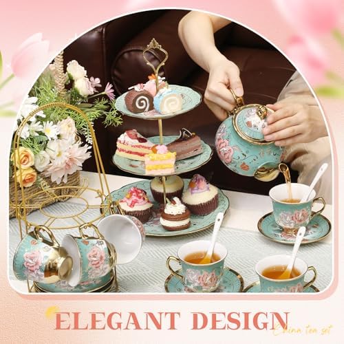 21 Pcs Porcelain Tea Set with 3 Tier Dessert Stand, Green, Summer - Image 3