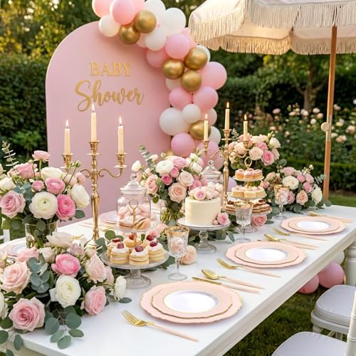 WDF 30Guest Pink Plates Disposable - Hign-end Baroque Design - Gold Plastic Silverware with Handle-Baroque Pink &Gold Plastic Dinnerware for Baby Shower/Wedding/Birthday/Summer Party - Image 6