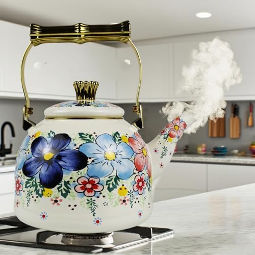 Vintage Tea Kettle Enamel Blue Floral Stovetop Teapot 2.5L Kitchen Decor - Image 6