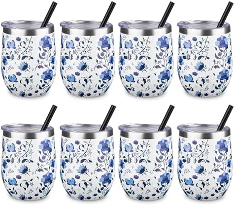 12 oz Insulated Wine Tumbler with Lid and Straw,Stainless Steel Stemless Wine Tumbler Glasses Double Wall Vacuum Wine Cups Tumbler Bulk for Coffee,Cocktail,Office (Blue and White Porcelain,8) by FristChoice