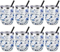 12 oz Insulated Wine Tumbler with Lid and Straw,Stainless Steel Stemless Wine Tumbler Glasses Double Wall Vacuum Wine Cups Tumbler Bulk for Coffee,Cocktail,Office (Blue and White Porcelain,8) by FristChoice