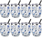 12 oz Insulated Wine Tumbler with Lid and Straw,Stainless Steel Stemless Wine Tumbler Glasses Double Wall Vacuum Wine Cups Tumbler Bulk for Coffee,Cocktail,Office (Blue and White Porcelain,8) by FristChoice
