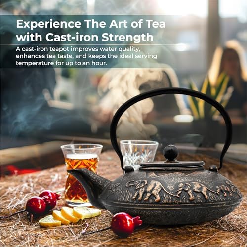 Zen Minded Traditional Japanese Cast Iron Tetsubin Stovetop Teakettle Teapot with Stainless-steel Mesh Loose-leaf Filter for Green Tea & Infusions 1.1L Elephant Pattern - Black & Gold - Image 2