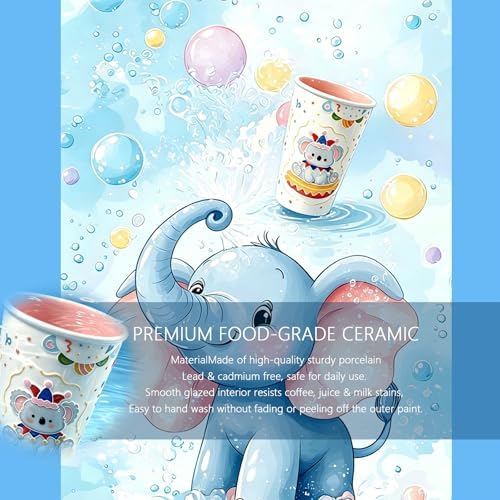YQ&QMK 3D Embossed cartoon animals Ceramic Cup with Lid & Glass Straw, 16oz Hand-Painted Ice Cream Design Travel Coffee Tumbler, Cute Mug (Baby elephant) - Image 4