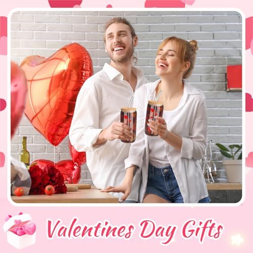 6 Pcs Glass Cups with Lids and Straws 16 oz Hearts Coffee,Red - Image 5