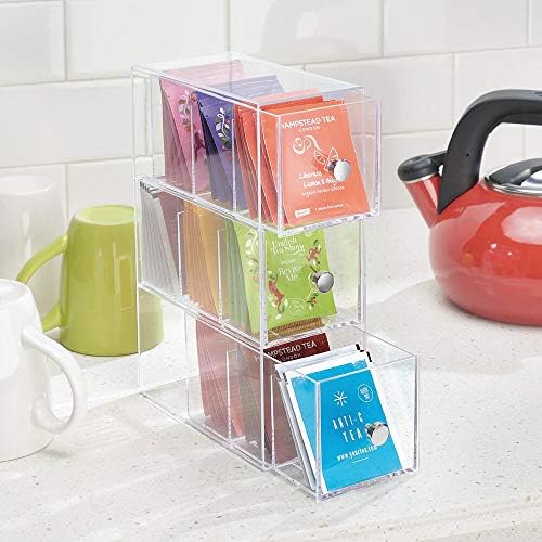 mDesign Plastic Kitchen Pantry, Cabinet, Countertop Organizer Storage Station with 3 Drawers for Coffee, Tea, Sugar Packets, Sweeteners, Creamers, Drink Pods, Packets - 3 Sections - Clear - Image 2
