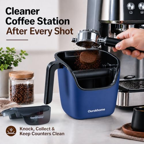 Ourokhome Espresso Knock Box with Lid, Compact Coffee Grounds Container for Home Coffee Bar, Removable Knock Bar, 304 Stainless Steel Exterior, Non-Slip Base & Handle, Easy Clean (Deep Blue) - Image 2