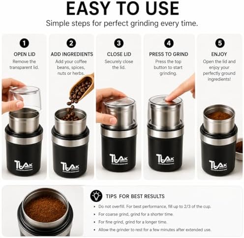 Coffee Grinder Electric, Herb/Spice Grinder with Removable Stainless Steel Blowl – Coffee Bean Grinder with 200W Powerful Copper Motor, Black - Image 6
