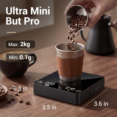 Mini Coffee Scale with Timer, 4 Brewing Modes, 0.1g Readability, 2kg Capacity, USB-C Rechargeable Espresso Scale with Auto Tare & Real-Time Brew Ratio, Black - Image 2