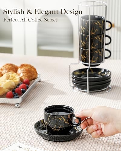 MALACASA 4 OZ Porcelain Espresso Cups with Saucers and Metal Stand Set of 4, Stackable Cappuccino Cups, Marble Black Expresso Shots Cup Set for Coffee Drinks, Latte, Tea - Image 5