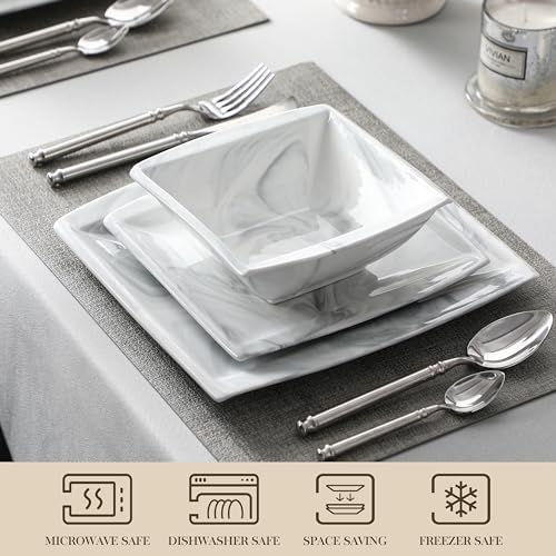 MALACASA Plates and Bowls Sets, 12-Piece Porcelain Dinnerware Sets for 4, Square Plates and Bowls for Dessert, Salad and Soup, Ceramic Dishes Dining Dishware Set, Marble Grey, Series Blance - Image 4