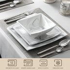 MALACASA Plates and Bowls Sets, 12-Piece Porcelain Dinnerware Sets for 4, Square Plates and Bowls for Dessert, Salad and Soup, Ceramic Dishes Dining Dishware Set, Marble Grey, Series Blance - Image 4