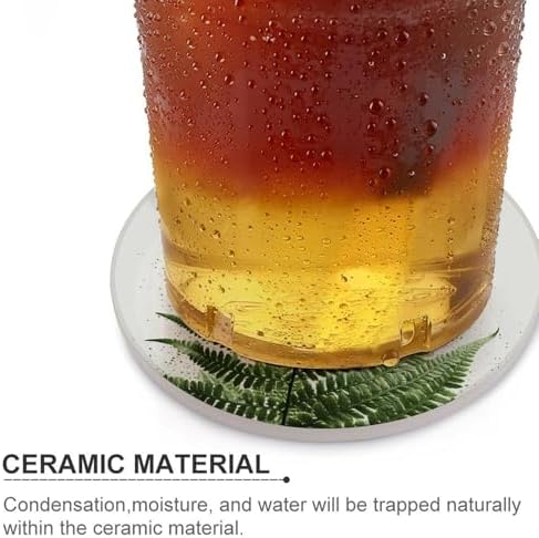 Drink Coasters with Cork Backing Ceramic Coasters Natural Plant Silhouette Fern Leaf Coaster for Drinks Non-Slip Coaste Round Absorbing Stone Coaster Set of 6PCS for Kinds of Cups Coffee Table - Image 4